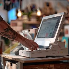 A small business owner setting up a point of sale system at a retail store, high detail, 8k --ar 3:2 Job ID: 1a8d2daf-b35b-4c07-9743-2de29ca09fb8